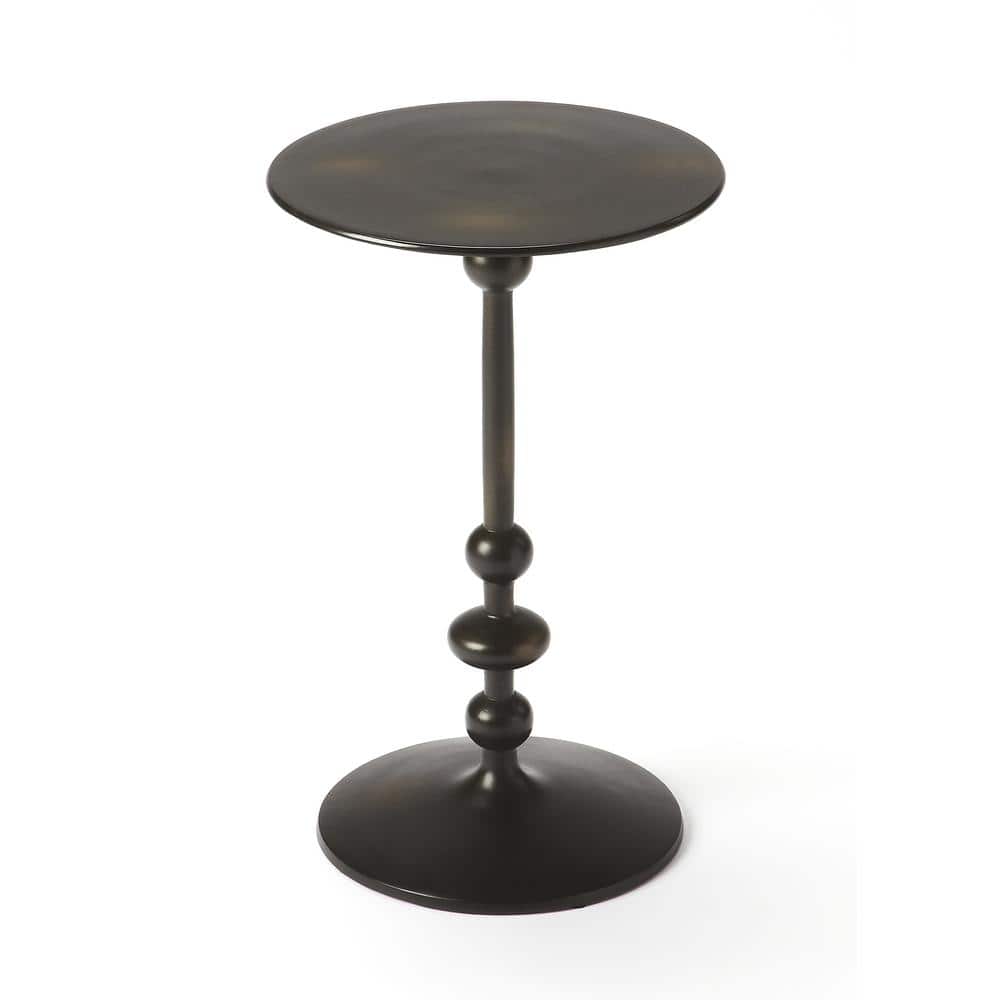 Elegant Round Black Iron and Wood Pedestal End Table