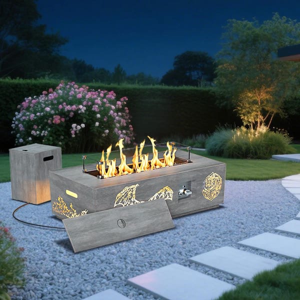 Rectangle Metal 42 in Outdoor Propane Fire Pit Table with Golden Light and Dragon Cutout