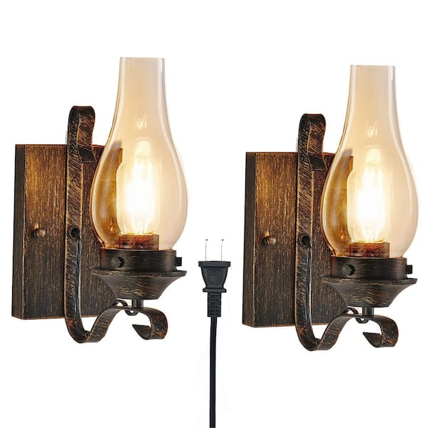 (Set of 2) Rustic Bronze Farmhouse Wall Sconces, Vintage Industrial Plug-in Wall Lights with Clear Glass Shade, No Bulb