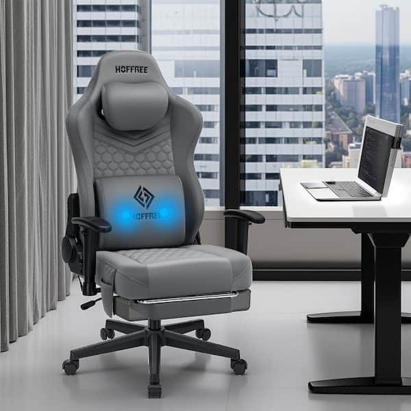 Fabric Gaming Chair with Adjustable Height Massage Ergonomic Computer Chairs in Gray with Footrest