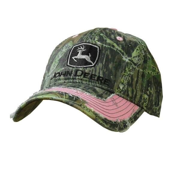 John Deere Unstructured CAMO 6 Panel Twill Cap/Hat with Pink Distressed Visor
