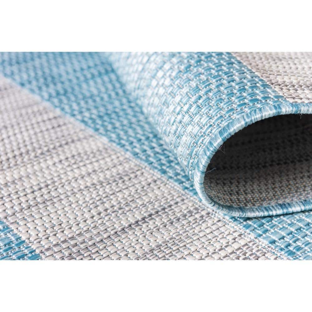 Aqua Blue and Ivory Stripe 6' x 9' Easy-Care Outdoor Rug