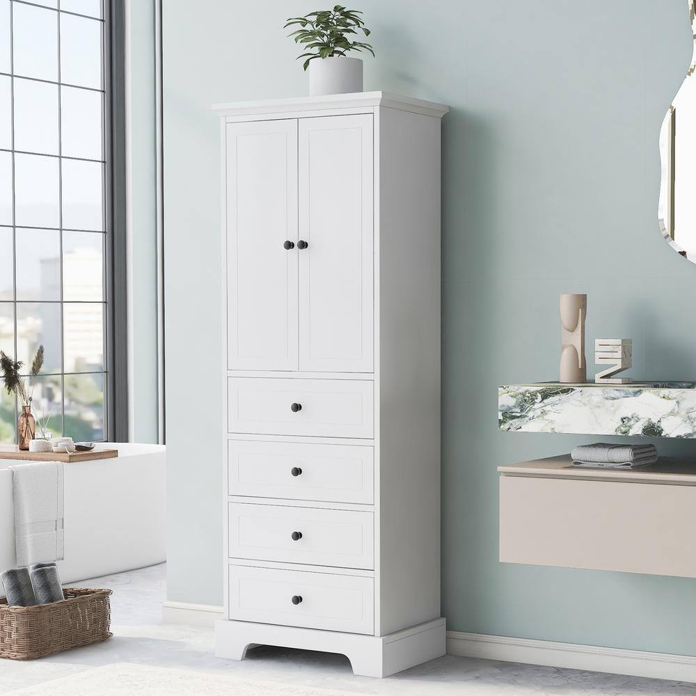 23.6 in. W x 15.7 in. D x 68 in. H White Linen Cabinet with 2 Doors and 4 D