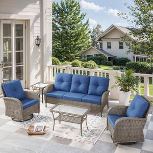 Rotavia Gray 5-Piece Wicker Patio Conversation Set with Swivel Rockers, Outdoor Sofa Seating Set with Blue Cushions
