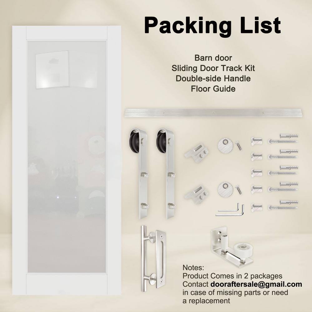 30 in. x 80 in. Primed White MDF Sliding Barn Door with Frosted Glass and Nickel Hardware