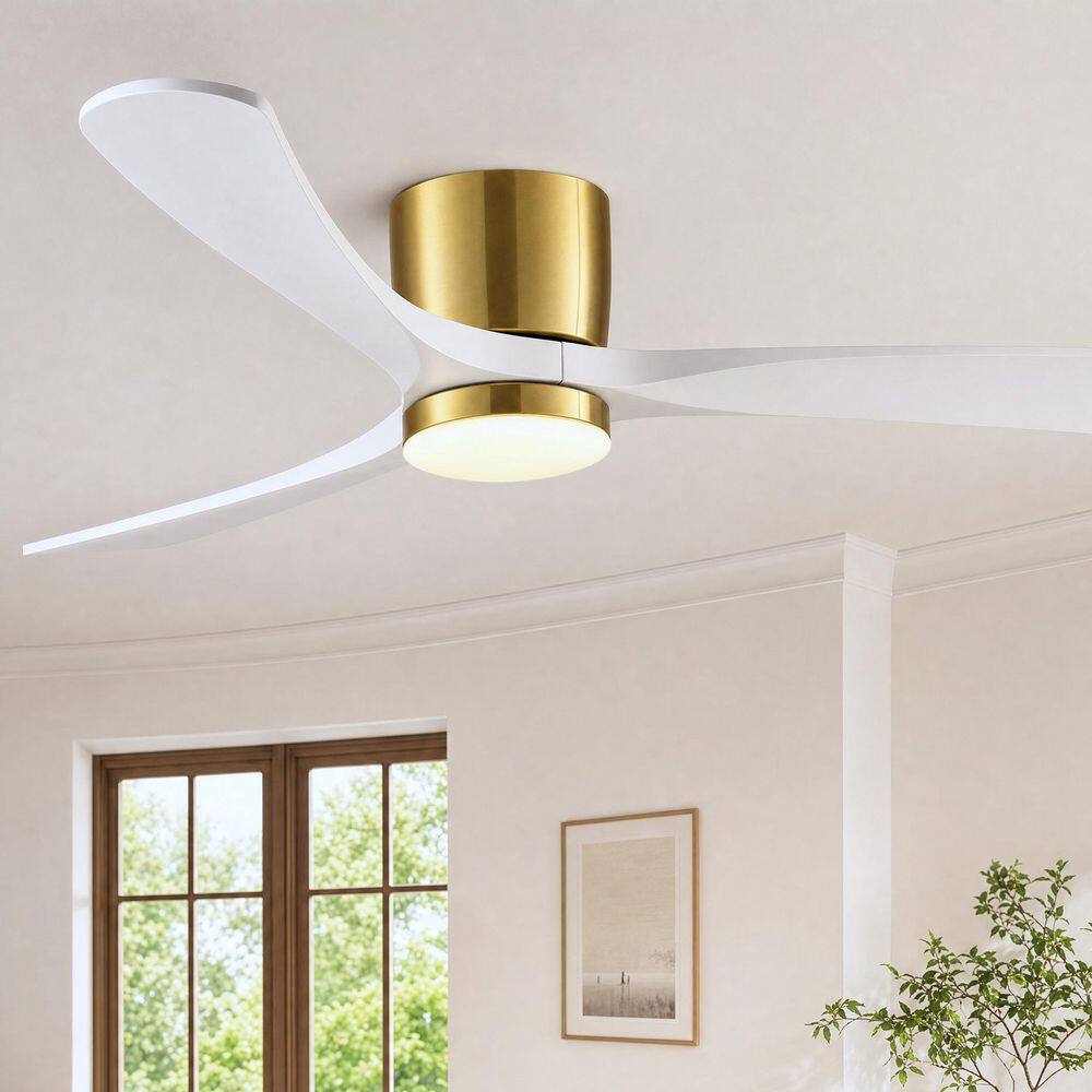52 in. Brass White Solid Wood Low Profile Flush Mount Standard Ceiling Fan with Dimmable Integrated LED Light and Remote price history on PriceWatchPro