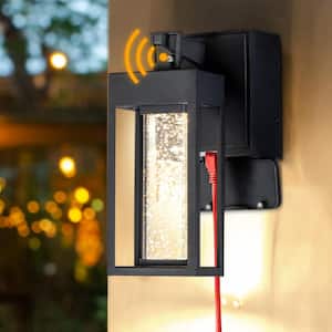 Modern LED Outdoor Matte Black Dusk to Dawn Sensor Wall Lantern Sconce with Seeded Glass and Built-in GFCI Outlets