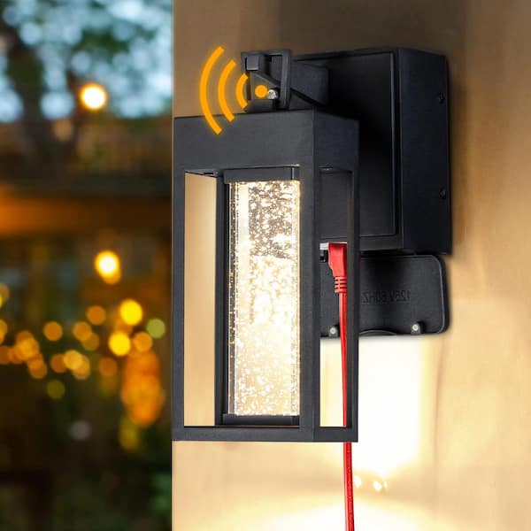 ALOA DECOR Modern LED Outdoor Matte Black Dusk to Dawn Sensor Wall Lantern Sconce with Seeded Glass and Built-in GFCI Outlets