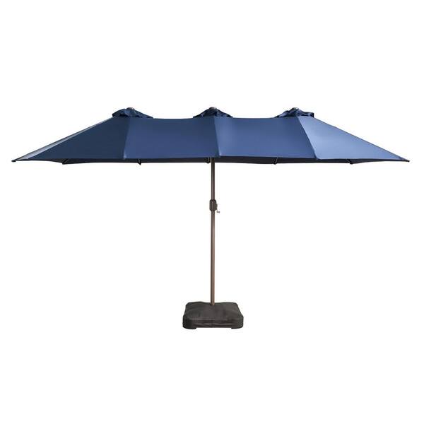 Alpine B 15 ft. Solar Colour LED Light Outdoor Double-Sided Market Patio Umbrella, UV Protection with Base in Navy Blue