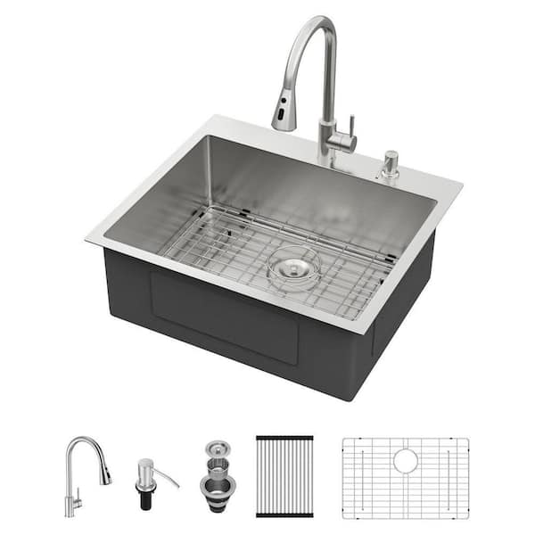 25 in. Drop-in Single Bowl 16-Gauge Stainless Steel Brushed Kitchen Sink with Faucet and Bottom Grid