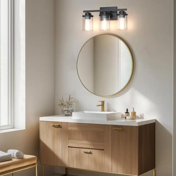 18 in. 3-light Black Vanity Light with Cylinder clear glass shade for Bathrooms, Powder Rooms Vanity, or Mirror