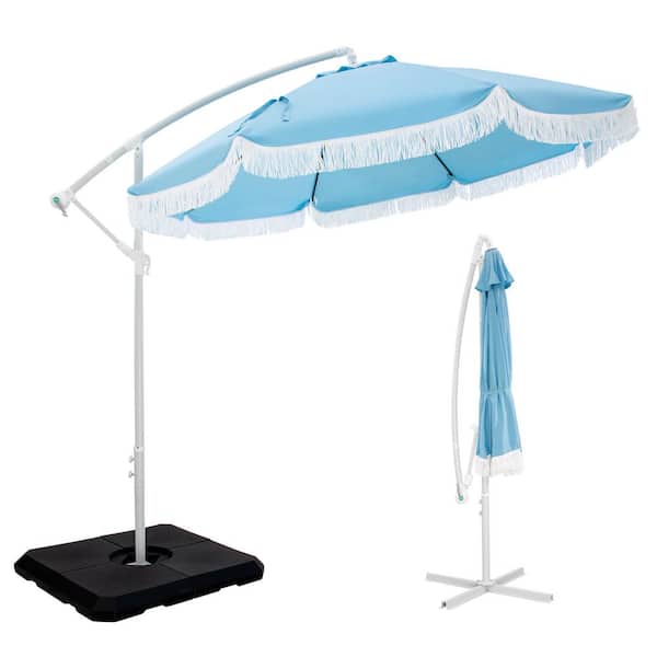 PHI VILLA 9 ft. Metal Cantilever Solar Patio Umbrella in Light Blue With Fringe Tassel Design and Crossed Base