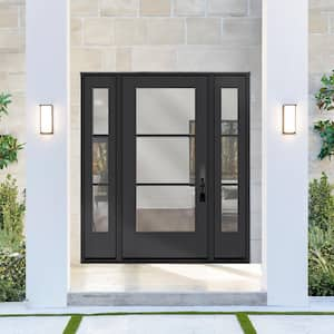 Legacy 64 in. x 80 in. Icon 3 Lite Modern Clear Glass LHIS Black Mahogany Fiberglass Prehung Front Door w/ Dbl 12 in. SL