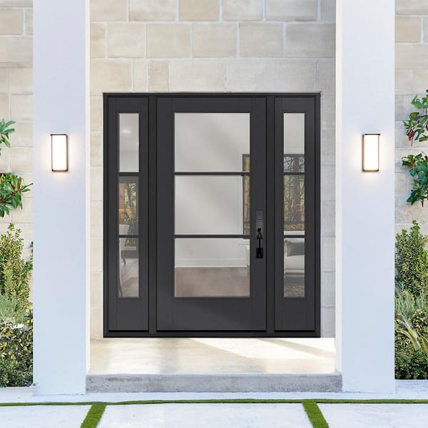 Legacy 68 in. x 80 in. Icon 3L Modern Clear Glass LHIS Black Fiberglass Prehung Front Door w/2-14 in. SL-6-9/16 in. Jamb