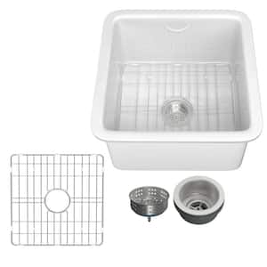 White Fireclay 18 in. Single Bowl Round Corner Undermount/Drop-In Kitchen Sink with Bottom Grid and Basket Strainer