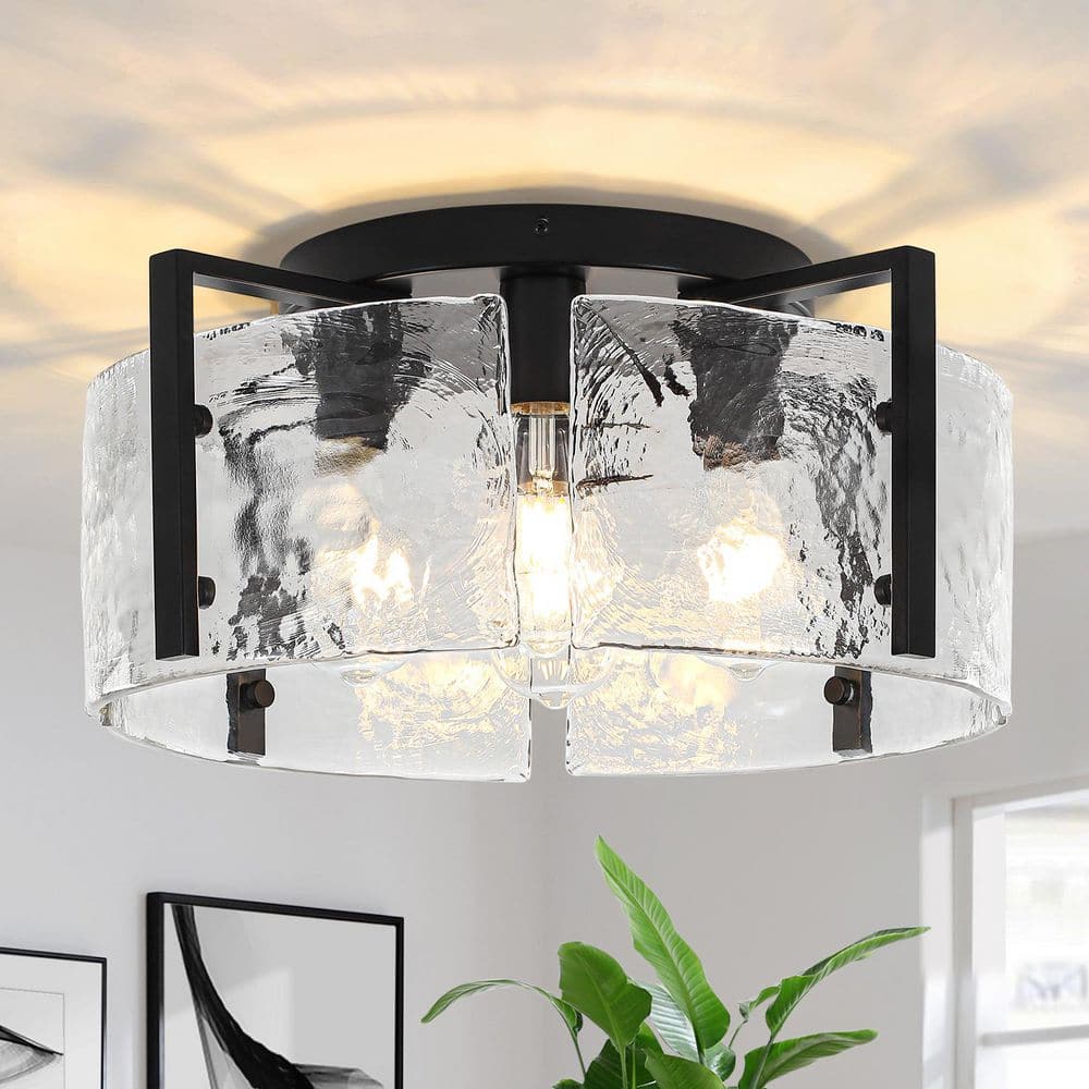 18.5 in. 4-Light Modern Black Drum Flush Mount Ceiling Light with Water Glass Shade price history on PriceWatchPro