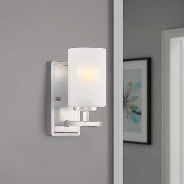 Carmine 4.5 in. 1-Light Brushed Nickel Minimalist Wall Sconce with Etched Glass Shade