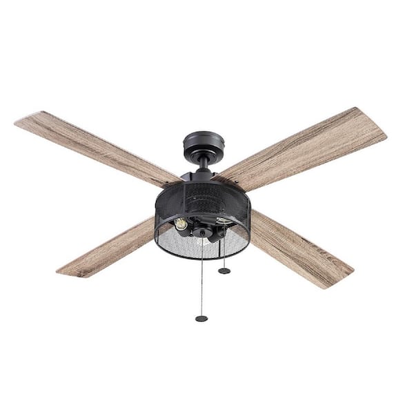 Sahara Fans Gastonia, 52 in. Industrial Caged Ceiling Fan with LED Light, Pull Chain, Dual Finish Blades - Matte Black