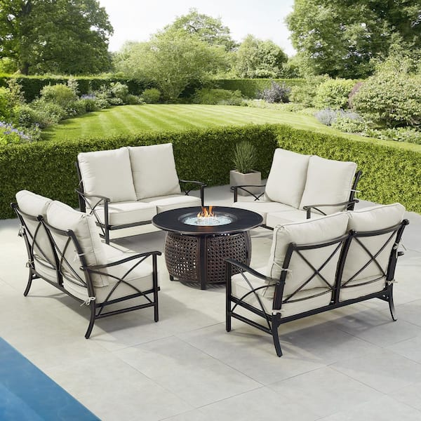 Oakland Living Black Aluminum Fire Table Set with 4-Deep Seating Loveseats