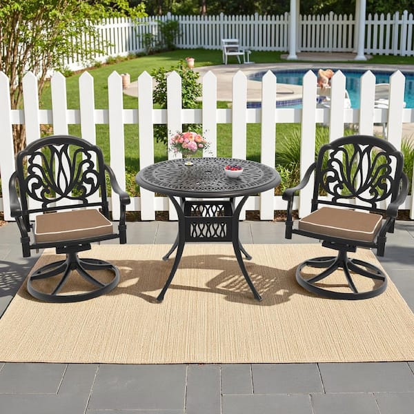 Willit Elizabeth 3-Piece Cast Aluminum Patio Outdoor Dining Set with Round Dining Table, 2 Swivel Chairs and 2 Brown Cushions