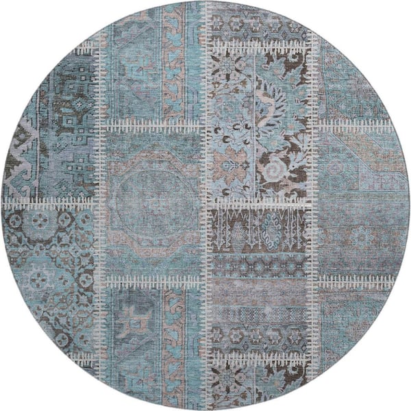 Addison Rugs Mayfield Premium Machine Washable Indoor/Outdoor Geometric AMF635 Teal 8 ft. x 8 ft. Round Area Rug