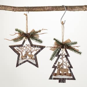 6 in. and 5.75 in. Wood Star And Tree Ornaments - Set of 2, Multicolored Christmas Ornaments