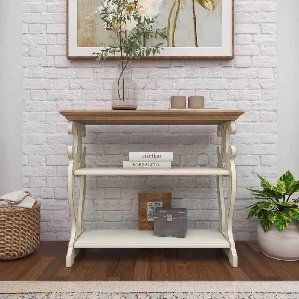 Cottage Charm White and Natural Wood 2-Tier Console Table with Storage