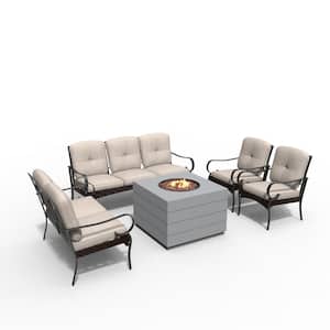 Fiona Gray 5-Piece Concrete Patio Fire Pit Conversation Sofa Set with Beige Cushions