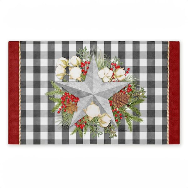 Gingham and Floral Star Shape Red 18 in. x 30 in. Polyester Non-Slip Outdoor Door Mat
