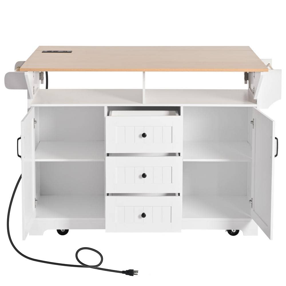 Kitchen Island White Wood 55.7 in. W Kitchen Island Dining Table on 5 Wheels with Drop Leaf in White