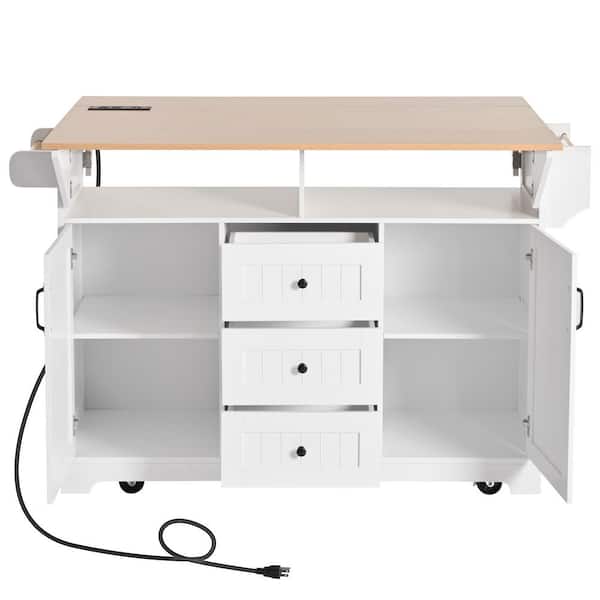 tunuo Kitchen Island White Wood 55.7 in. W Kitchen Island Dining Table on 5 Wheels with Drop Leaf in White