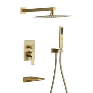 Wall Mount Single-Handle 1-Spray Tub and Shower Faucet with 10 in. Fixed Shower Head in Brushed Gold (Valve Included)