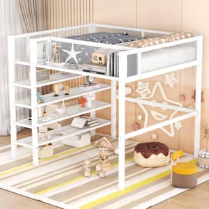 White Full Size Metal Loft Bed with 4-Tier Shelves and Bedside Storage Shelve