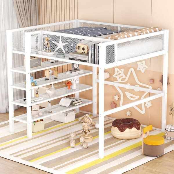 Harper & Bright Designs White Full Size Metal Loft Bed with 4-Tier Shelves and Bedside Storage Shelve