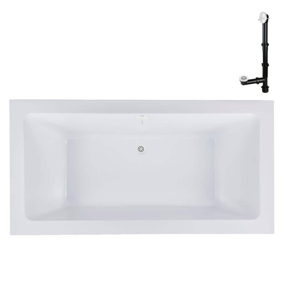66-Inch Glossy White Acrylic Drop-In Soaking Bathtub with Center Drain