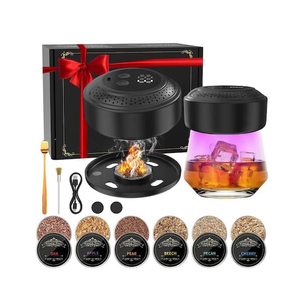 Electric Whiskey Smoker Kit Rechargeable Flameless 6 Wood Chip Flavors Ambient Light for Cocktails Bourbon