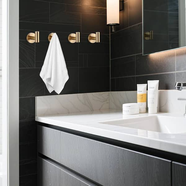 (4 Pack) Wall Mount Stainless Steel J-Hook Towel Hook Bath Hook in Brushed Gold