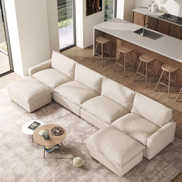 148.8 in. Square Arm 6-piece Linen Modular Free Combination sofa Sectional Sofa with Ottoman in Beige