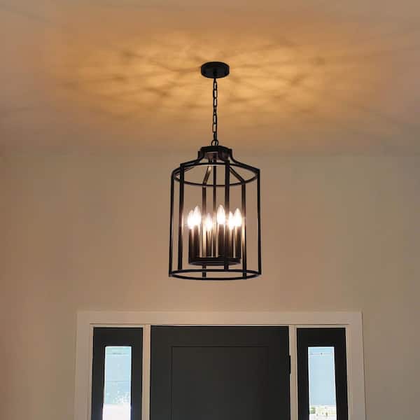 Industrial 6-Light Matte Black Lantern Cage Farmhouse Chandelier for Dining Room