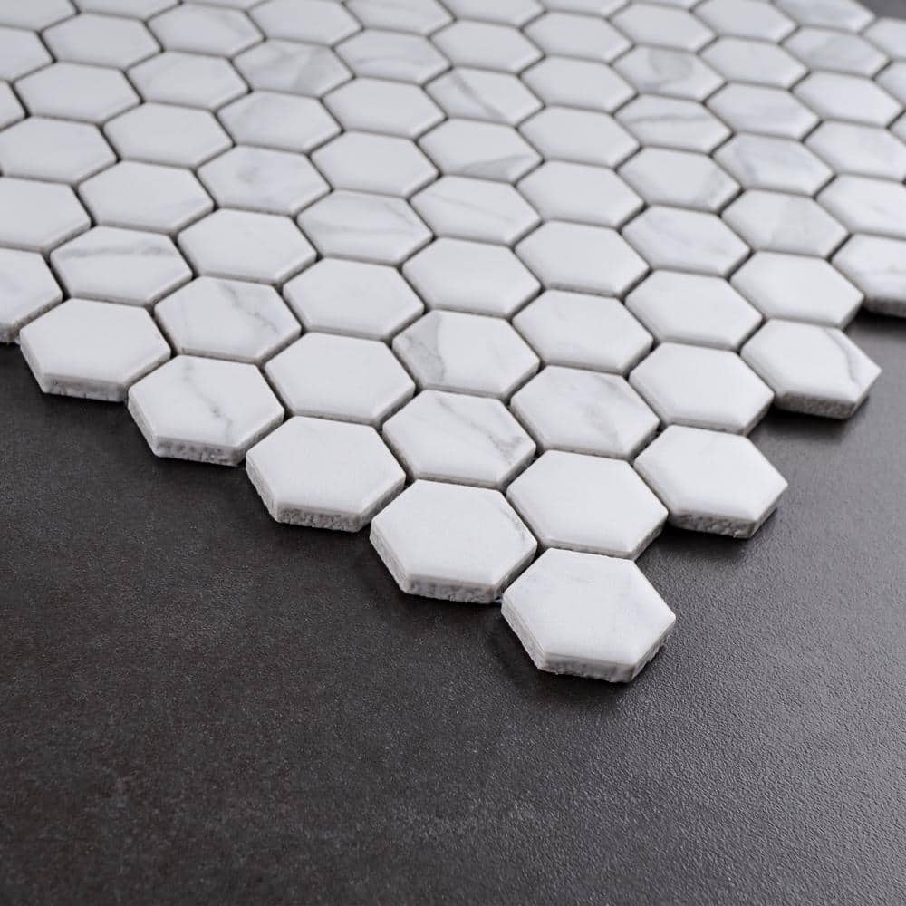 White Hexagon Porcelain Mosaic Tile with Marble Look