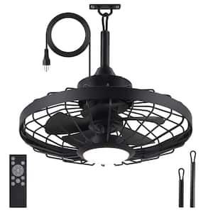 20 in. Outdoor Black Waterproof Caged Ceiling Fan Rope Hook Portable Hanging Ceiling Fan with Light and Remote