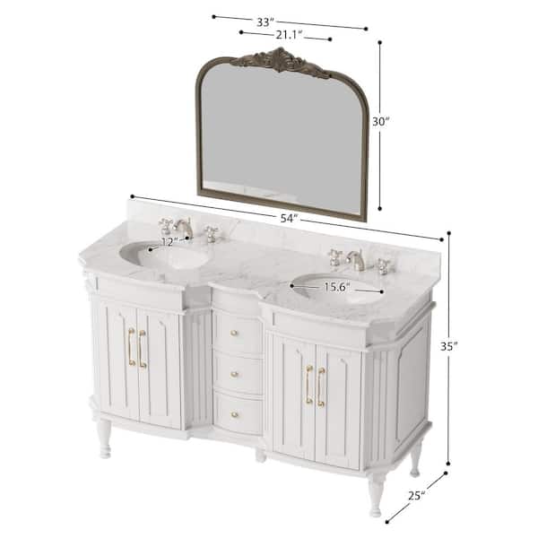 54 in. White Wood Double Sink Freestanding Bathroom Vanity with White Marble Top (Assembled)