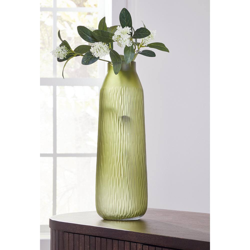 Olive Green Contemporary Carved Glass Table Vase