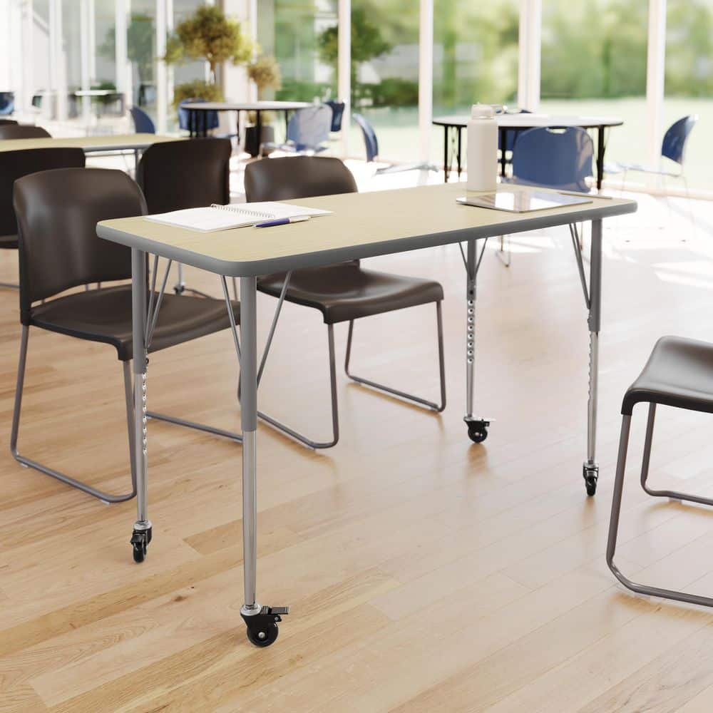 Wren Adjustable Light Natural Top/Silver Frame Rectangle Kids Activity Table with Thermal Laminate Top for 4