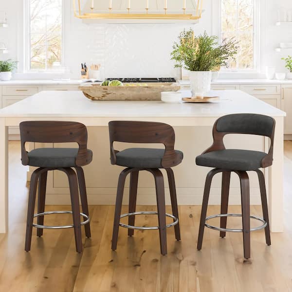 cozyman Edwards 26 in.Modern Gray Faux Leather Swivel Bar Stool with Solid Walnut Wood Frame Bentwood Counter Stool Set of 3