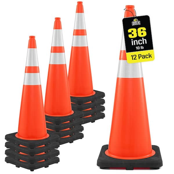 36 in, Orange Traffic Cones, 12-Pk, MUTCD Compliant W/2 Rflc Collars and 10 lbs. Base