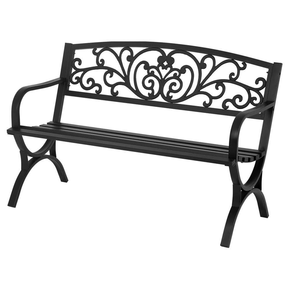 50 in. Black Metal Outdoor Bench with Armrests Slatted Seat and w/Floral De