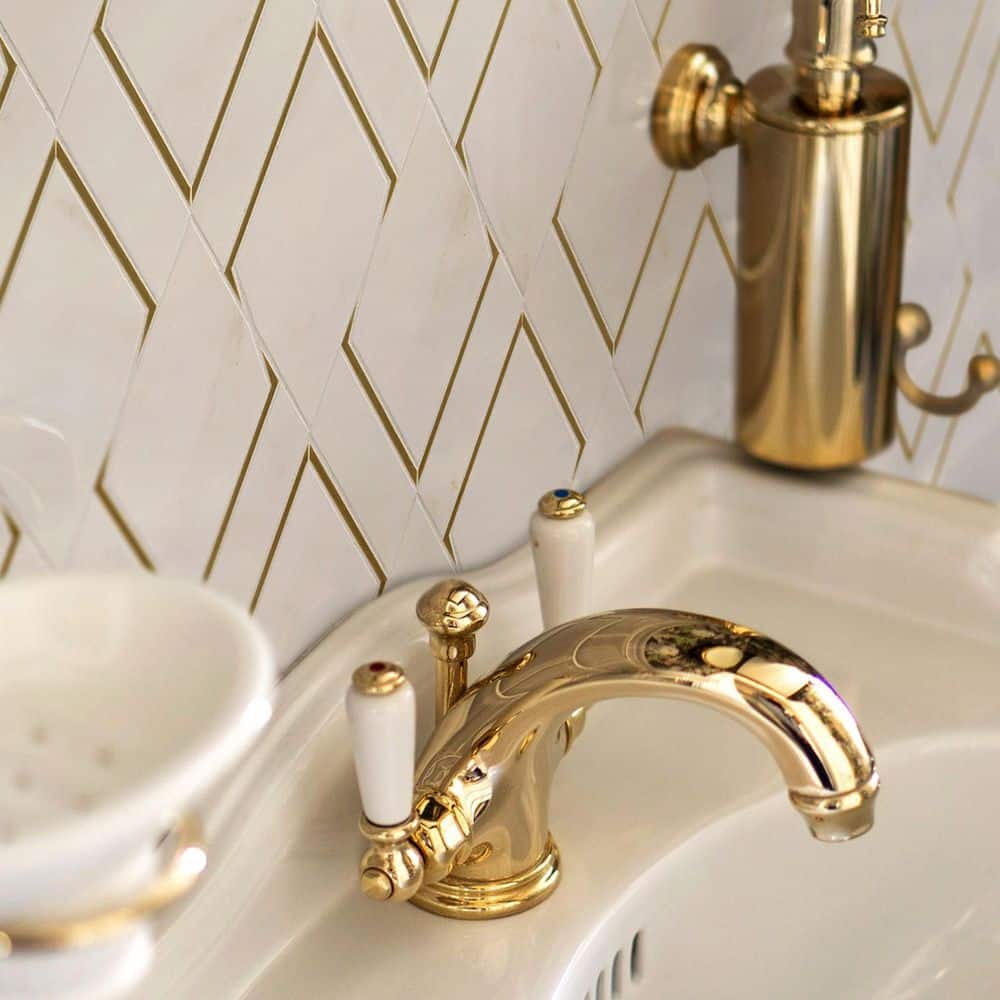 White and Gold Geometric Polished Marble Mosaic Wall Tile
