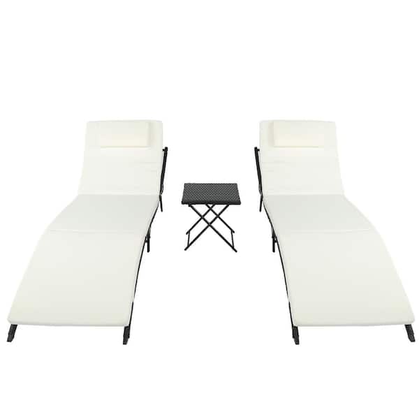 Karl home Black Wicker Outdoor Folding Chaise Lounge Set with Beige Cushions