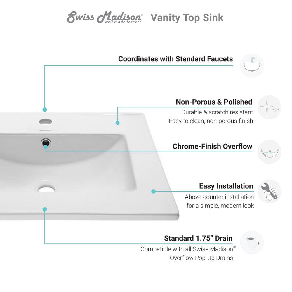 Glossy White Ceramic 24" Single Bathroom Vanity Top
